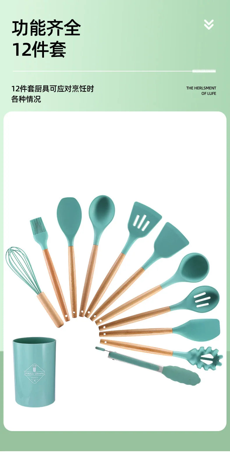 12PCS Food Grade Silicone Kitchen Cookware Utensils Turner Spatula Measuring Spoon Practical Cooking Tool Kitchenware Set